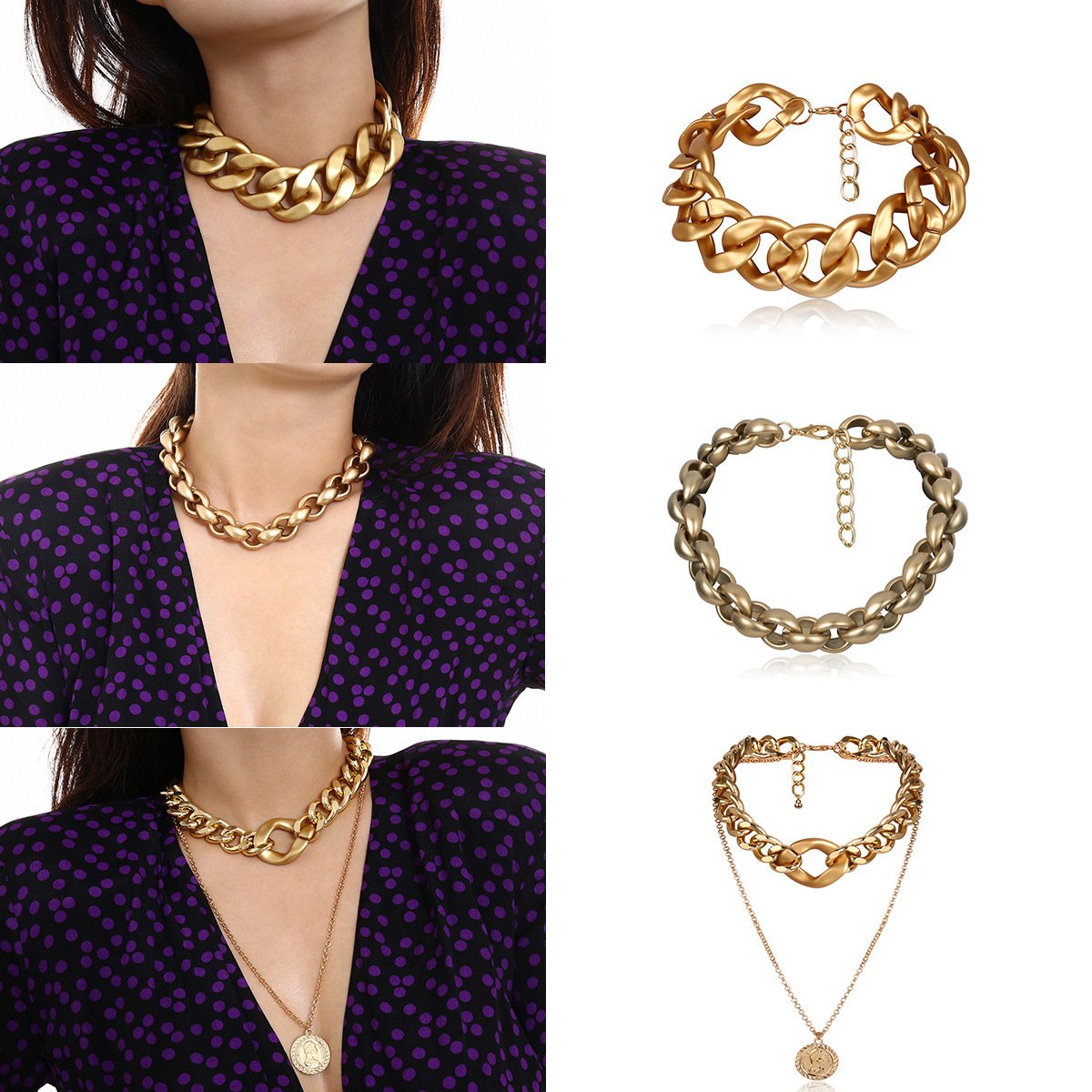 Jewelry Punk Personality Portrait Mashup Necklace Female Exaggerated Thick Chain Geometric Simple Necklace