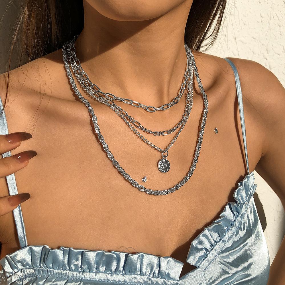 N9325 Punk Chain Necklace Metal Texture Hip-Hop Circle Necklace Fashionable Creative Multilayer Necklace