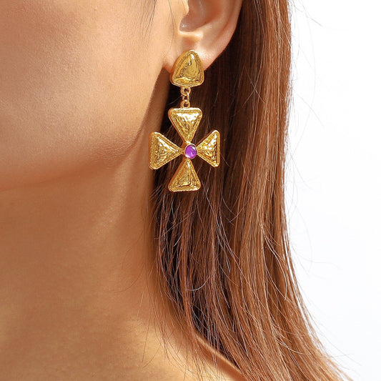 E11114 French retro minimalist triangular cross earrings micro-inlaid resin geometric middle-aged earrings