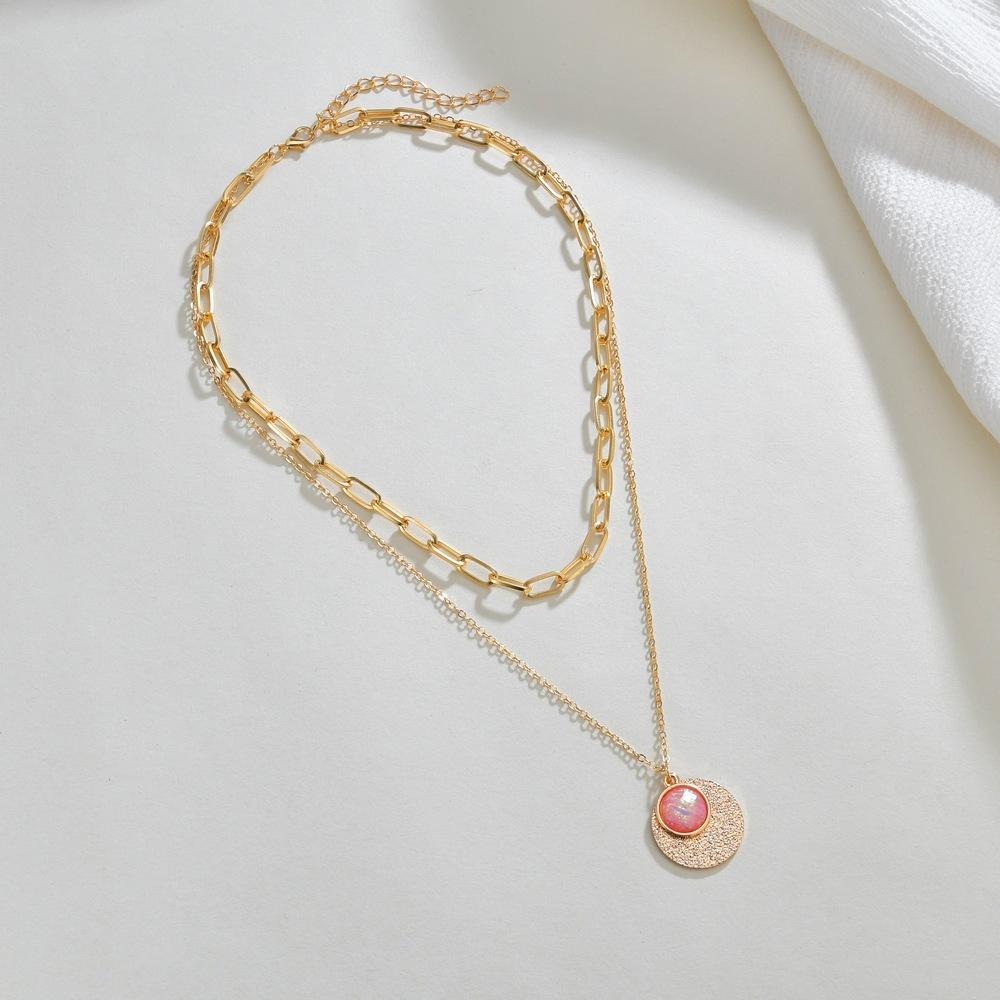 Fashion Round Alloy Resin Bezel Diamond Pendant Necklace Retro Square Line Double Layer Necklace Accessories