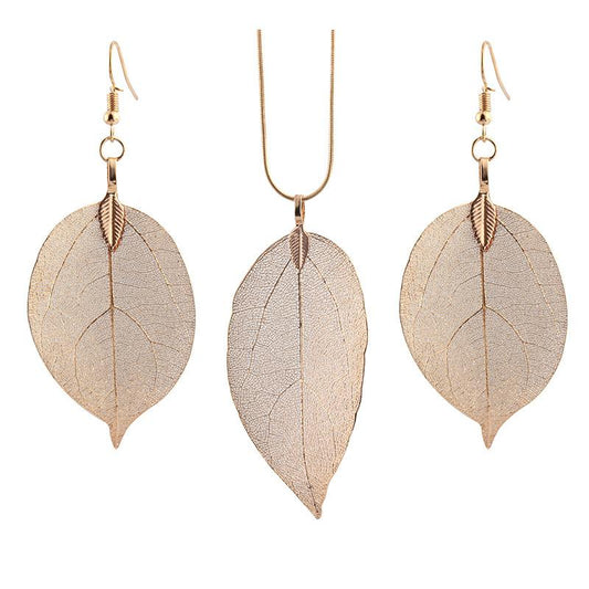 Jewelry Fashion Simple Leaf Necklace Earrings Leaf Specimen Sweater Chain Earrings Three-piece Set