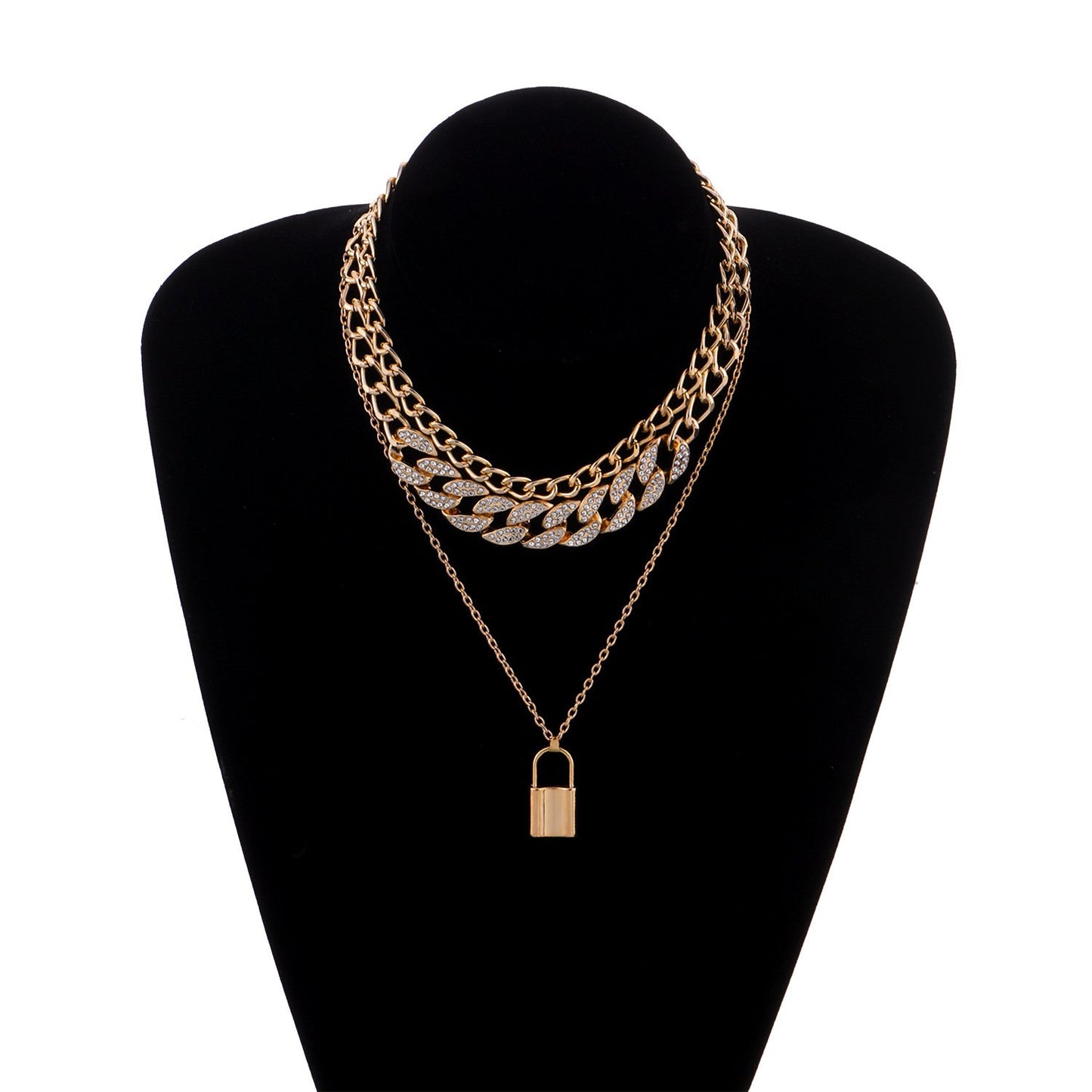 Geometric Metal Lock Pendant Necklace Femininity Versatile Multi-layer Full Diamond Chain Necklace
