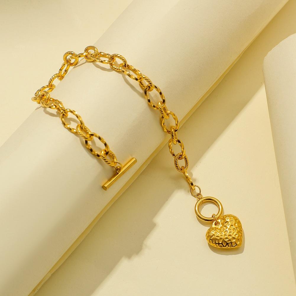 Dongdaemun Simple Stainless Steel Love Tag Bracelet Personality Hammer Pattern Peach Heart OT Buckle Trendy Hand Jewelry