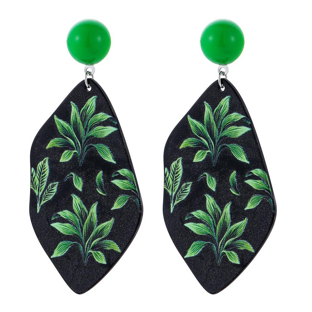 Ins black bottom green plant contrast color graffiti earrings niche personality temperament acrylic ear jewelry