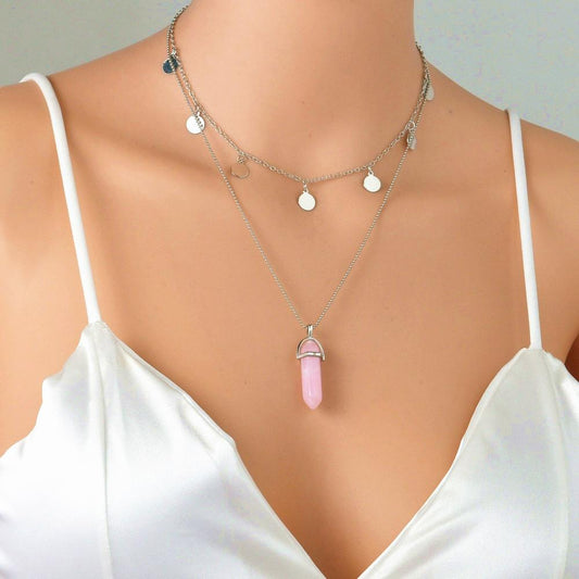 Fashion Retro Resin Hexagon Pillar Pendant Necklace Round Iron Plate Clavicle Chain Necklace Accessories