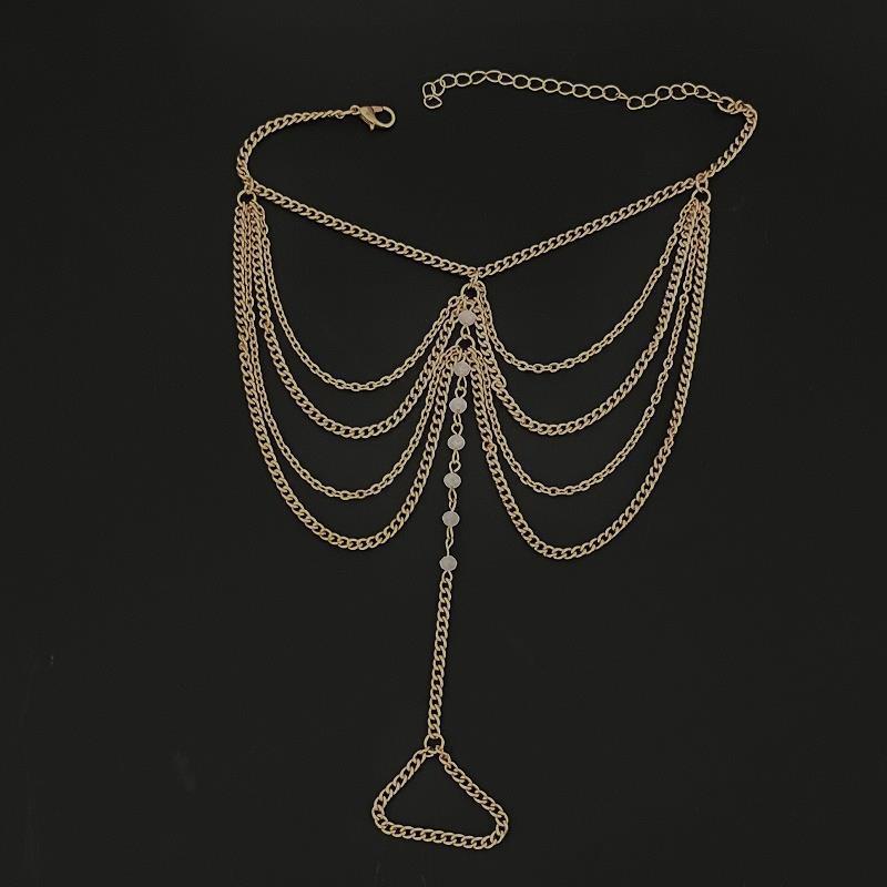 Beach temperament imitation crystal multi-layer tassel chain foot decoration national bride finger metal anklet