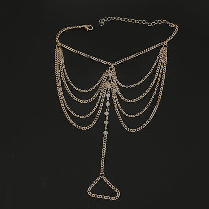 Beach temperament imitation crystal multi-layer tassel chain foot decoration national bride finger metal anklet