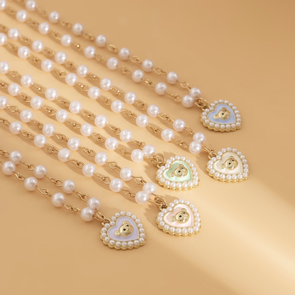 Jewelry sweet cool color animal single-layer necklace simple imitation pearl handmade bear heart-shaped necklace
