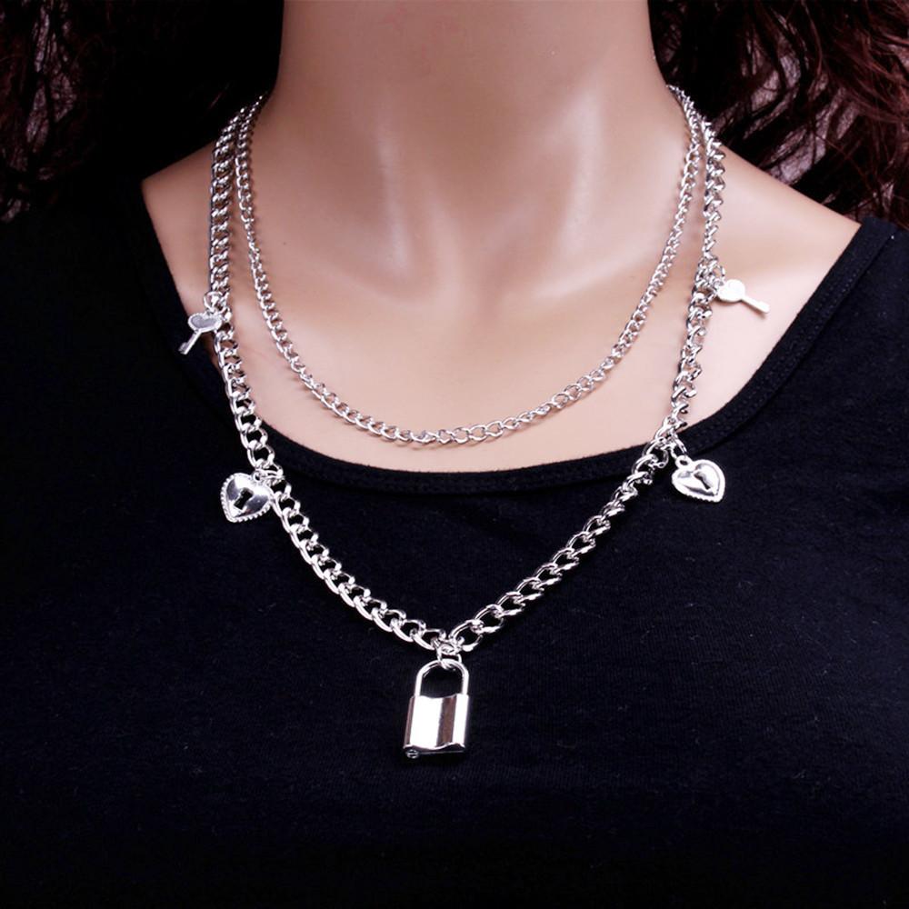 Jewelry Fashion Geometric Double Layer Versatile Lock Key Necklace Retro Snake Pendant Necklace Female