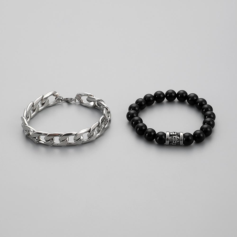 Men's Punk Temperament Street Domineering Personality Fashion Black Beaded Skull Thick Chain Bracelet Set