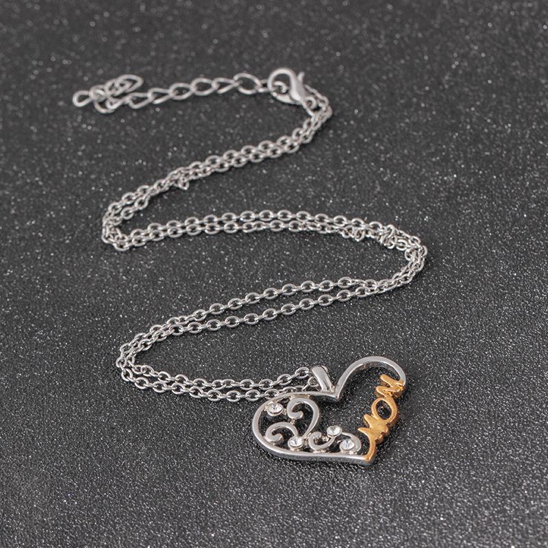 Fashion peach heart-shaped necklace mom letter hollow diamond pendant clavicle chain jewelry