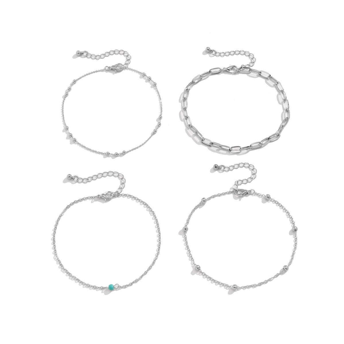 Vacation Simple Metal Thin Chain Anklet Set Women's Retro Ethnic Turquoise Ball Beads Foot Decoration