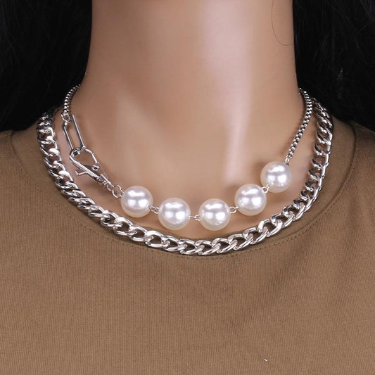 Fashion Exaggerated Large Imitation Pearl Beaded Clavicle Chain Costume Accessories Two-Piece Necklace