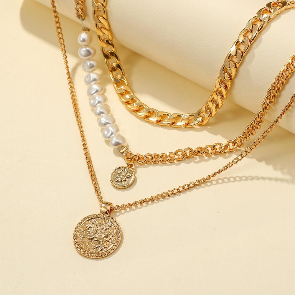 Jewelry Fashion Metal Pearl Mix and Match Three Layers Chain Necklace Hip Hop Rose Embossed Coin Pendant