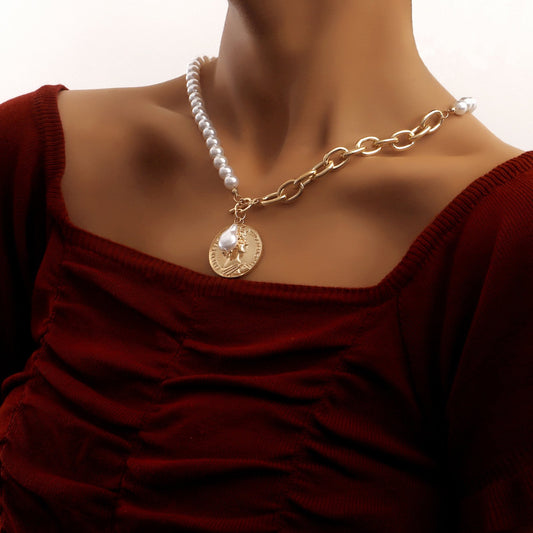 Jewelry simple Cuban pearl thick chain beauty head coin pendant necklace female fashion anchor necklace
