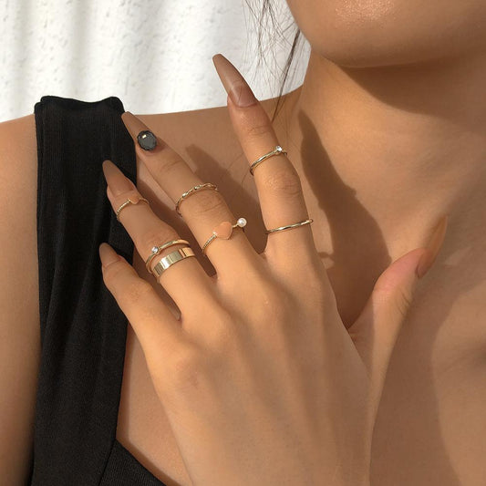 R652 ring alloy drop oil love temperament simple imitation pearl geometric ring set