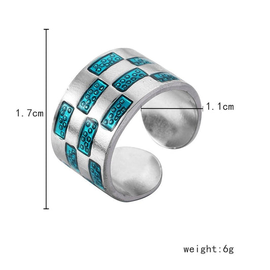 Fashion Simple Checkerboard Drip Oil Design Minority Stainless Steel Ring Original Versatile Women