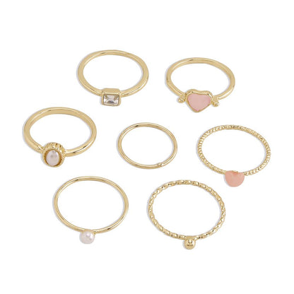 R447 fashion simple imitation pearl ring alloy diamond retro personality joint ring seven-piece set