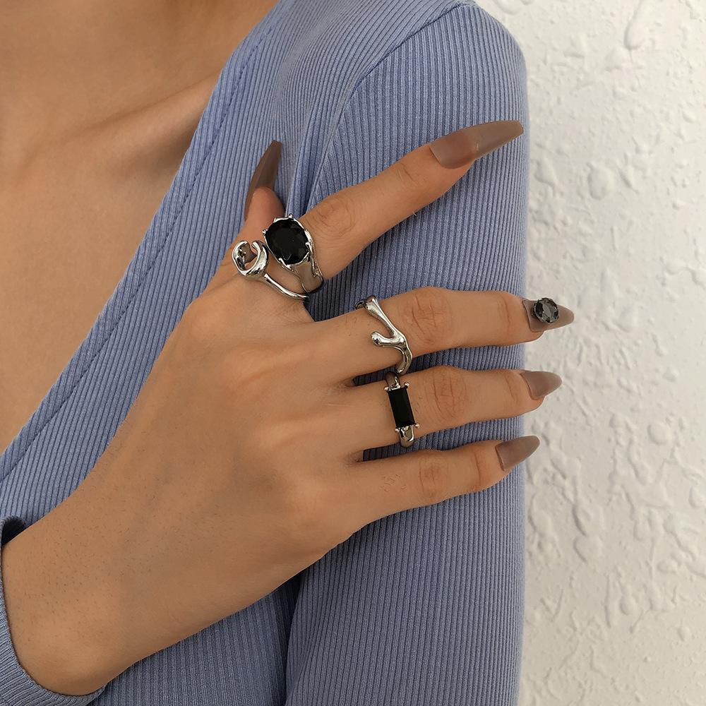 R648 Irregular Geometric Ring Set Simple Alloy Glass Diamond Temperament Minority Personality Ring Female