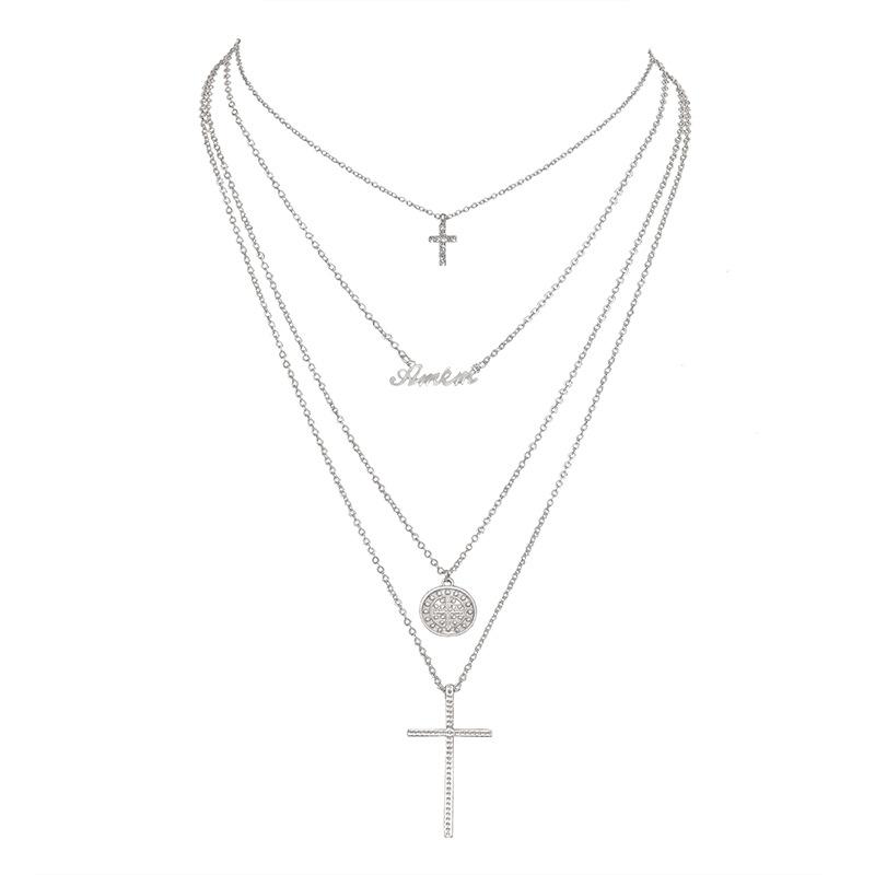 Fashion multi-layer geometric disc English diamond cross necklace jewelry