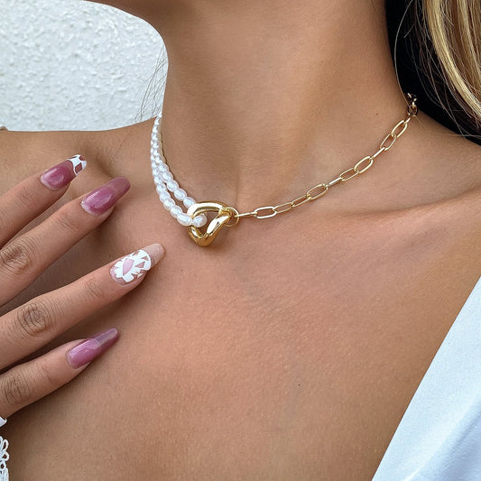 Jewelry Temperament Simple Rice Grain Pearl Clavicle Necklace Hip Hop Retro Metal Buckle Chain Necklace