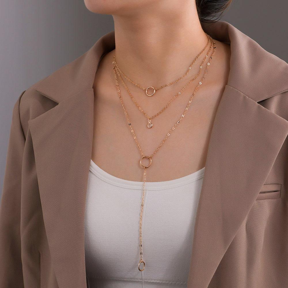 Fashion Simple Round Iron Ring Drill Pendant Necklace Multilayer Chain Necklace Clavicle Chain Accessories