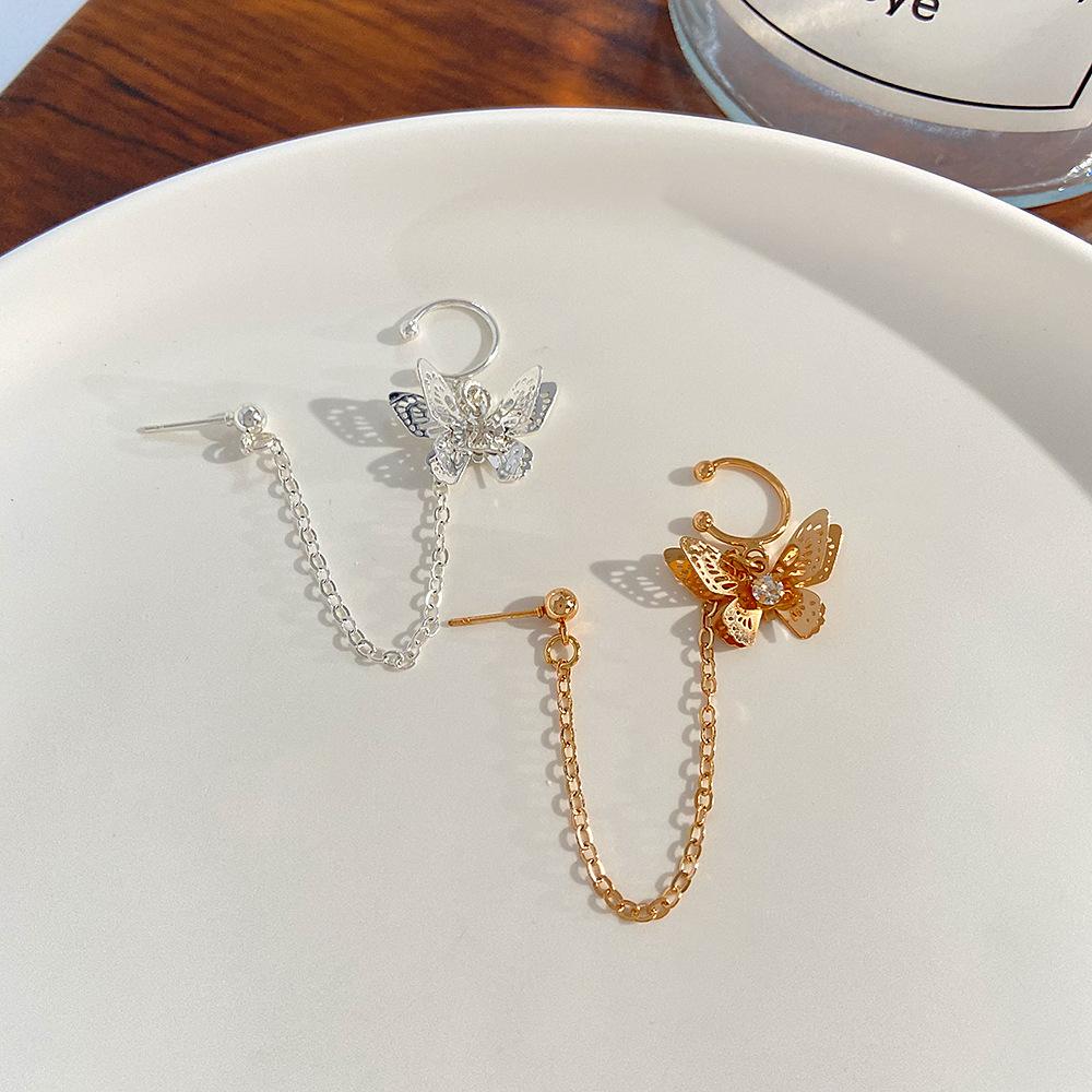 ins simple one-piece butterfly ear clip retro long tassel earrings elegant temperament earrings jewelry female