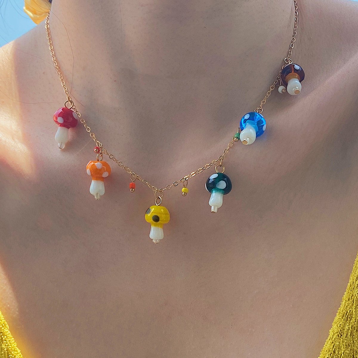 Sweet and simple colorful small mushroom pendant necklace female trendy hip-hop metal thin chain necklace