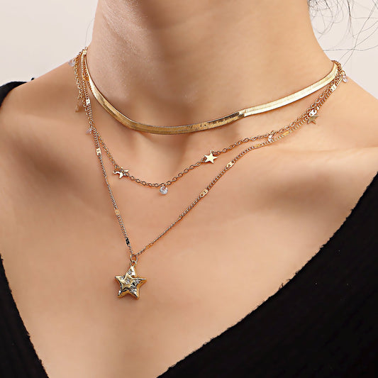 Jewelry golden five-pointed star pendant multi-layer necklace simple shiny zircon pendant necklace female