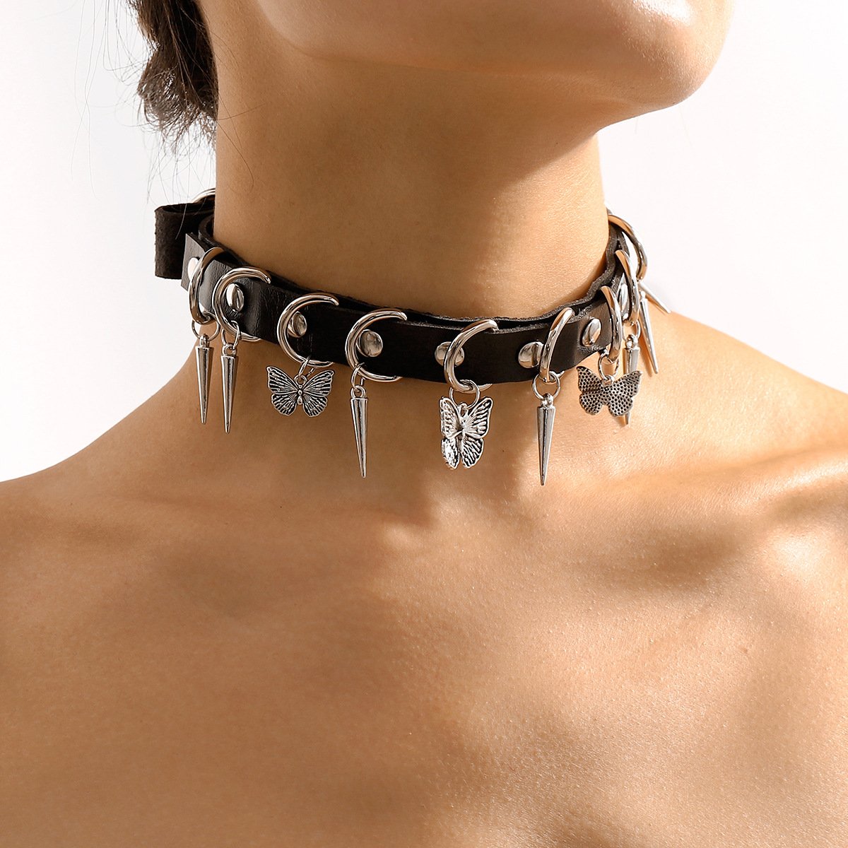 N1867 Sweet and Cool Personality PU Collar Female Rivet Butterfly Creative Rock Harajuku Leather Necklace