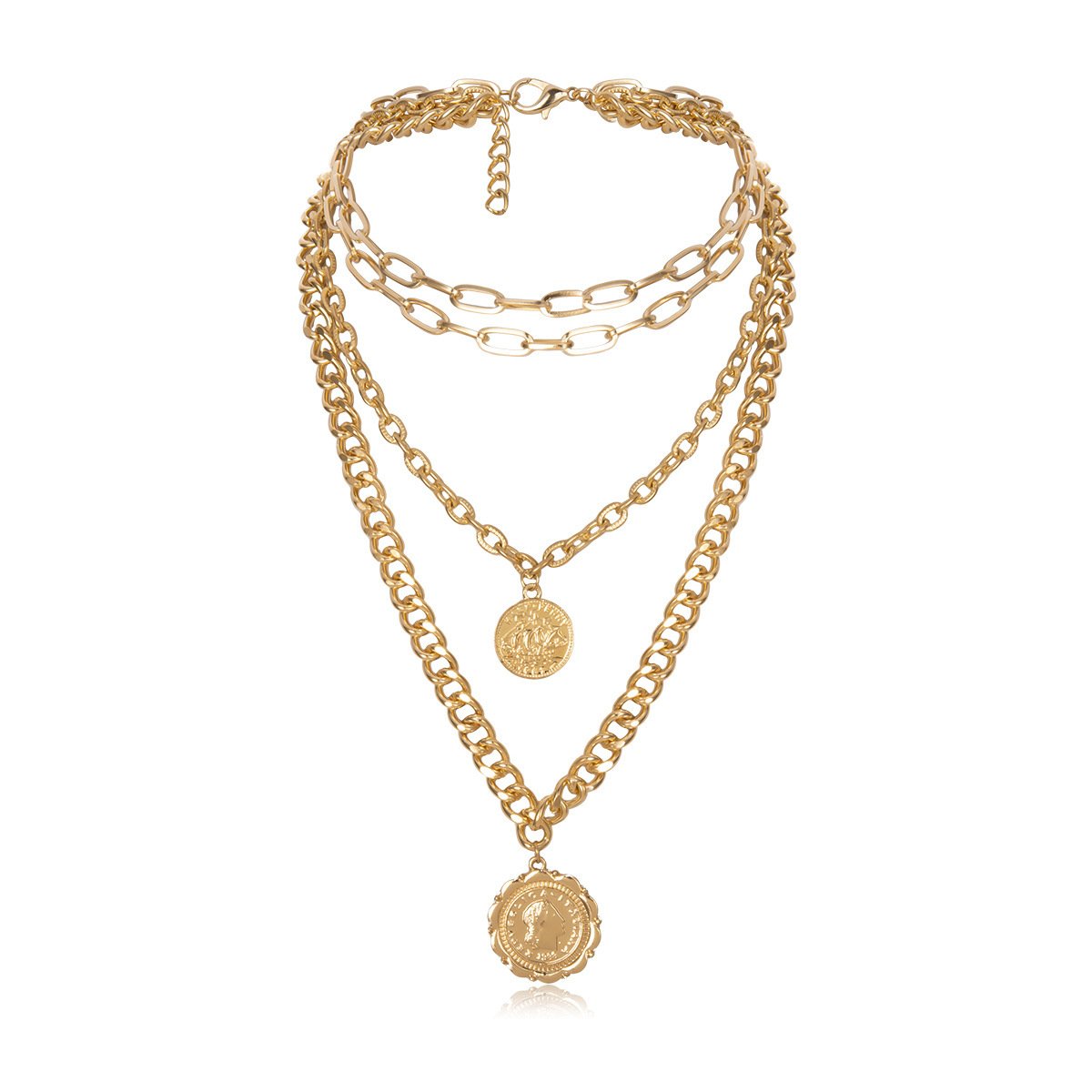 Jewelry Personality Round Card Coin Pendant Necklace Men's Hip Hop Trendy Portrait Multilayer Thick Chain Necklace