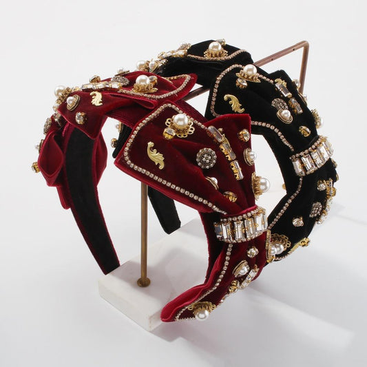 F3571 Big Bowknot Headband Women's Baroque Court Temperament Hair Accessories Elegant Diamond-studded Pearl Hairpins