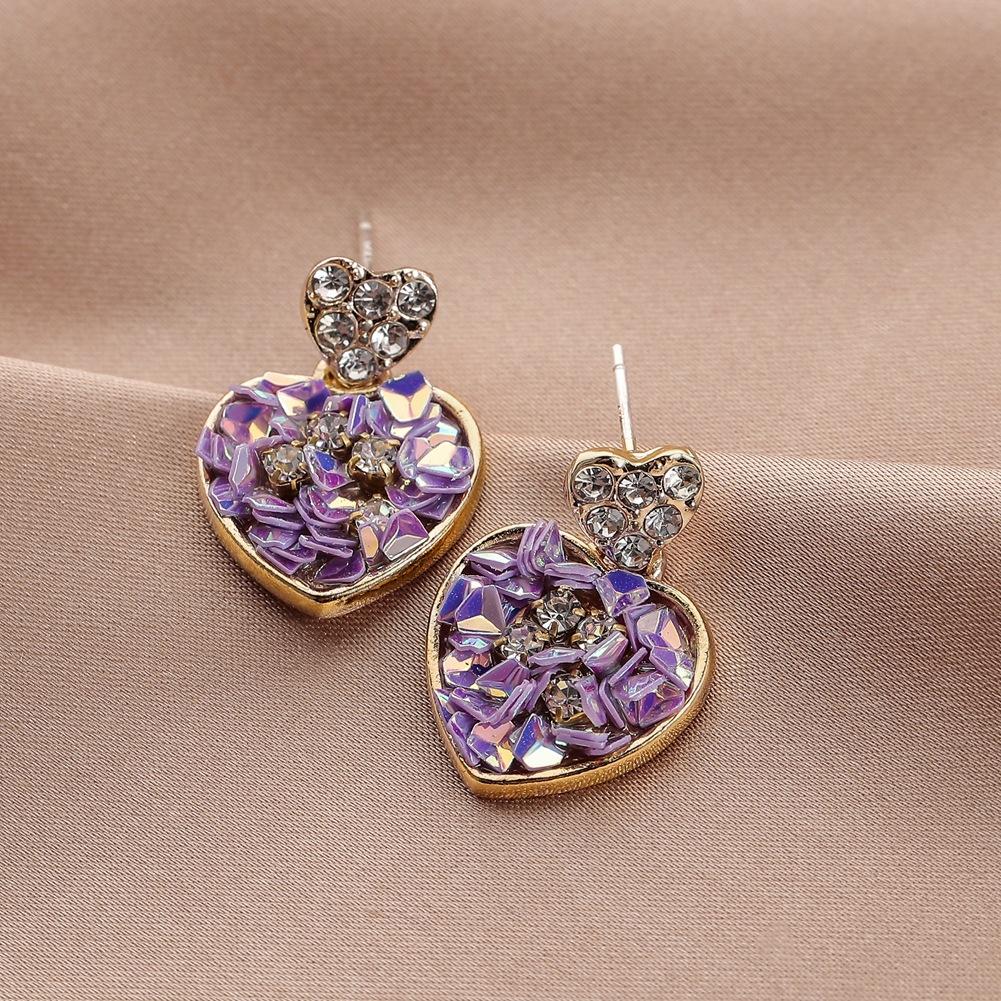 Purple Heart Earrings Full of Diamonds Elegant Peach Heart Pendant Versatile Earrings Jewelry