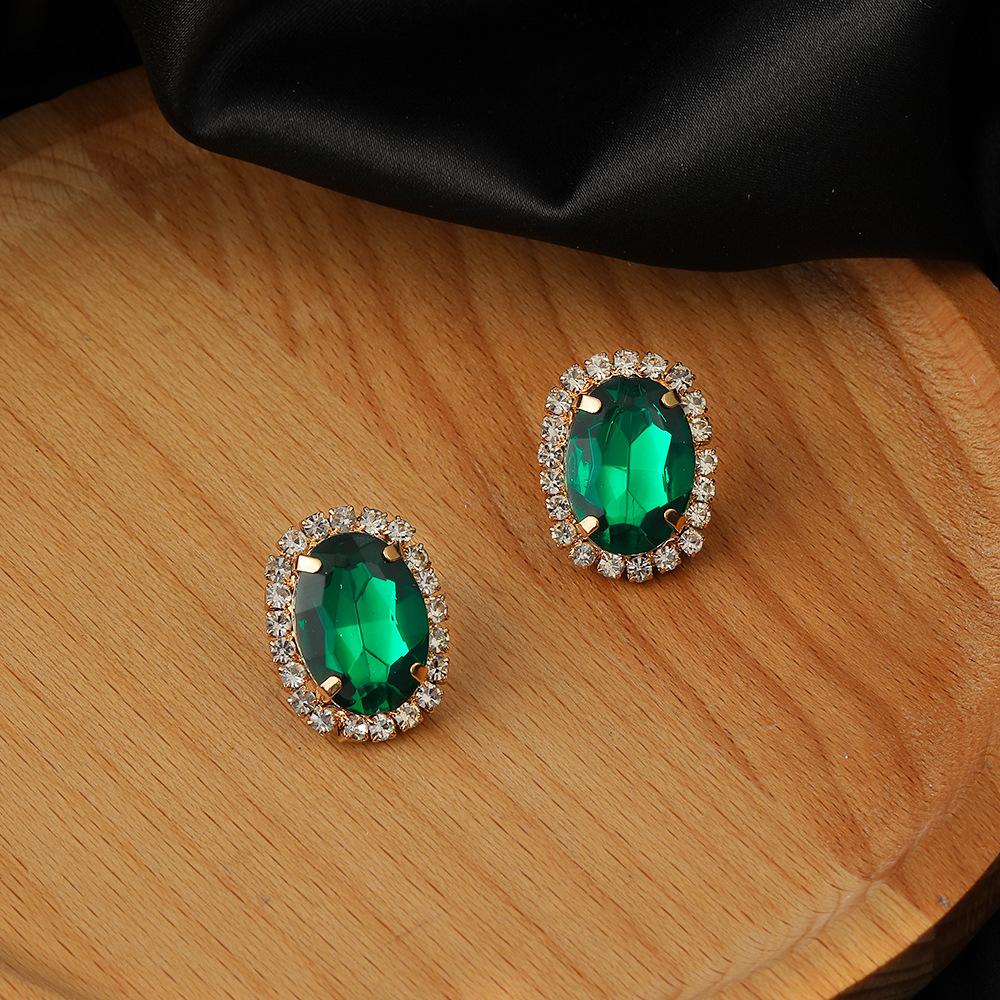 Simple green crystal flower stud earrings women's fashion French light luxury micro-inlaid zircon earrings versatile earrings