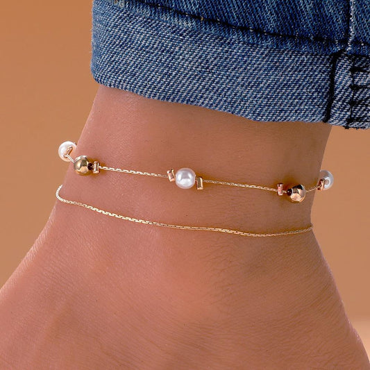 Double-layer pearl anklet female Bohemian ethnic creative beaded multi-layered foot decoration beach foot decoration