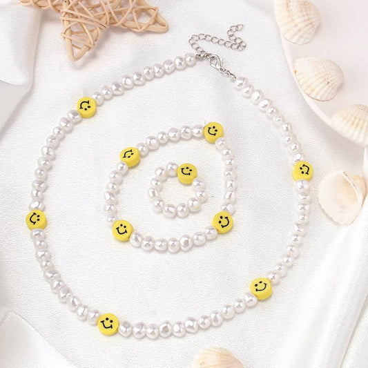 Jewelry ins pearl soft pottery smiling face beaded 42cm necklace stretchable elastic rope bracelet ring