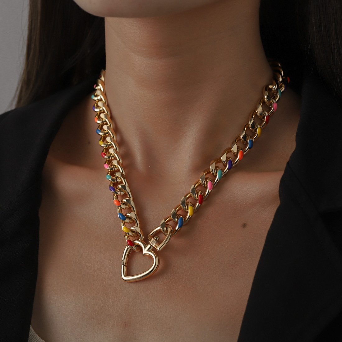 Retro Rainbow Drip Oil Chain Love Lock Short Necklace Personality Creative Temperament Clavicle Chain Female