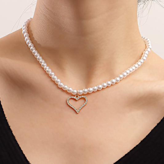 Jewelry light luxury imitation Baroque pearl micro-inlaid diamond hollow heart necklace female trend accessories