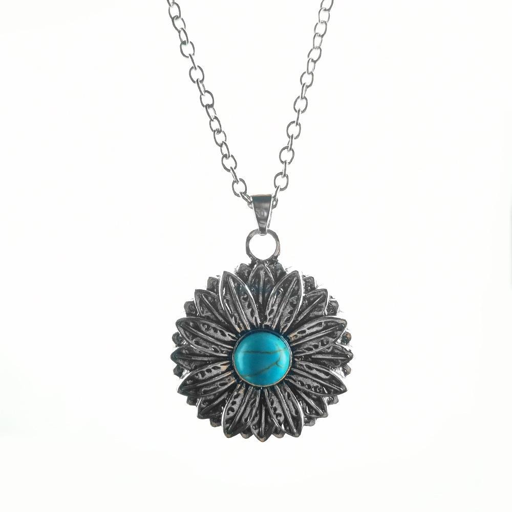 Jewelry Blue Turquoise Sunflower Pendant Necklace Women Vintage Boho Flower Jewelry