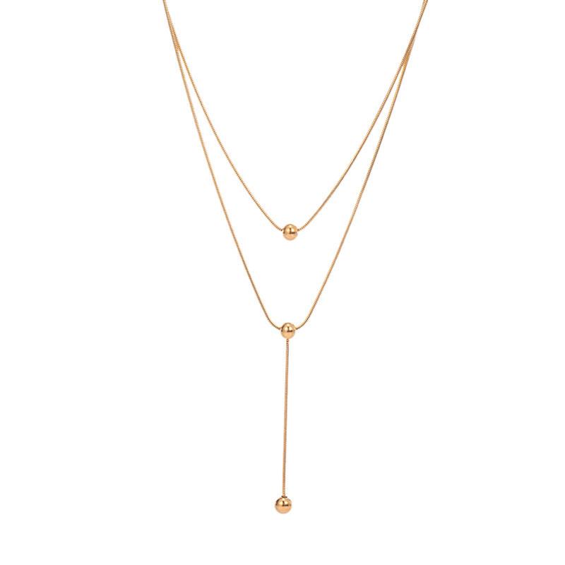 Double-layer stacked tassel necklace female small golden bean double-layer collarbone chain simple titanium steel transfer bead necklace