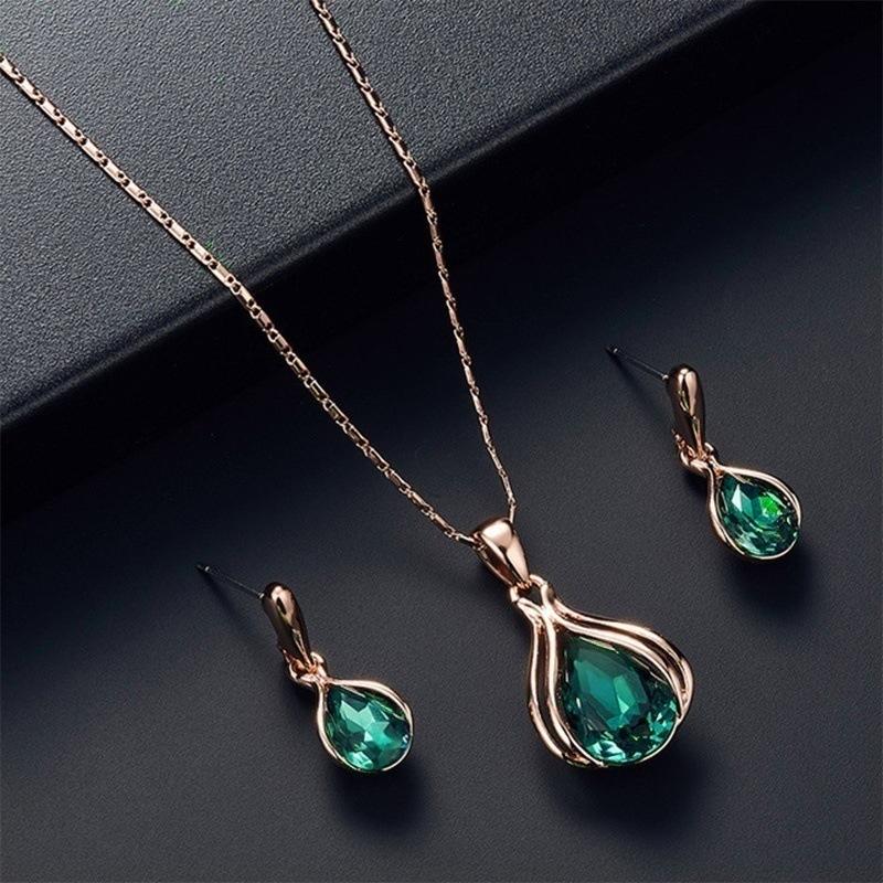 Fashion Women Blue Green Water Drop Shape Necklace Earrings Set Ornament Jewelry