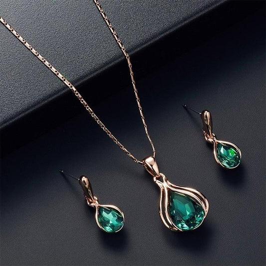 Fashion Women Blue Green Water Drop Shape Necklace Earrings Set Ornament Jewelry
