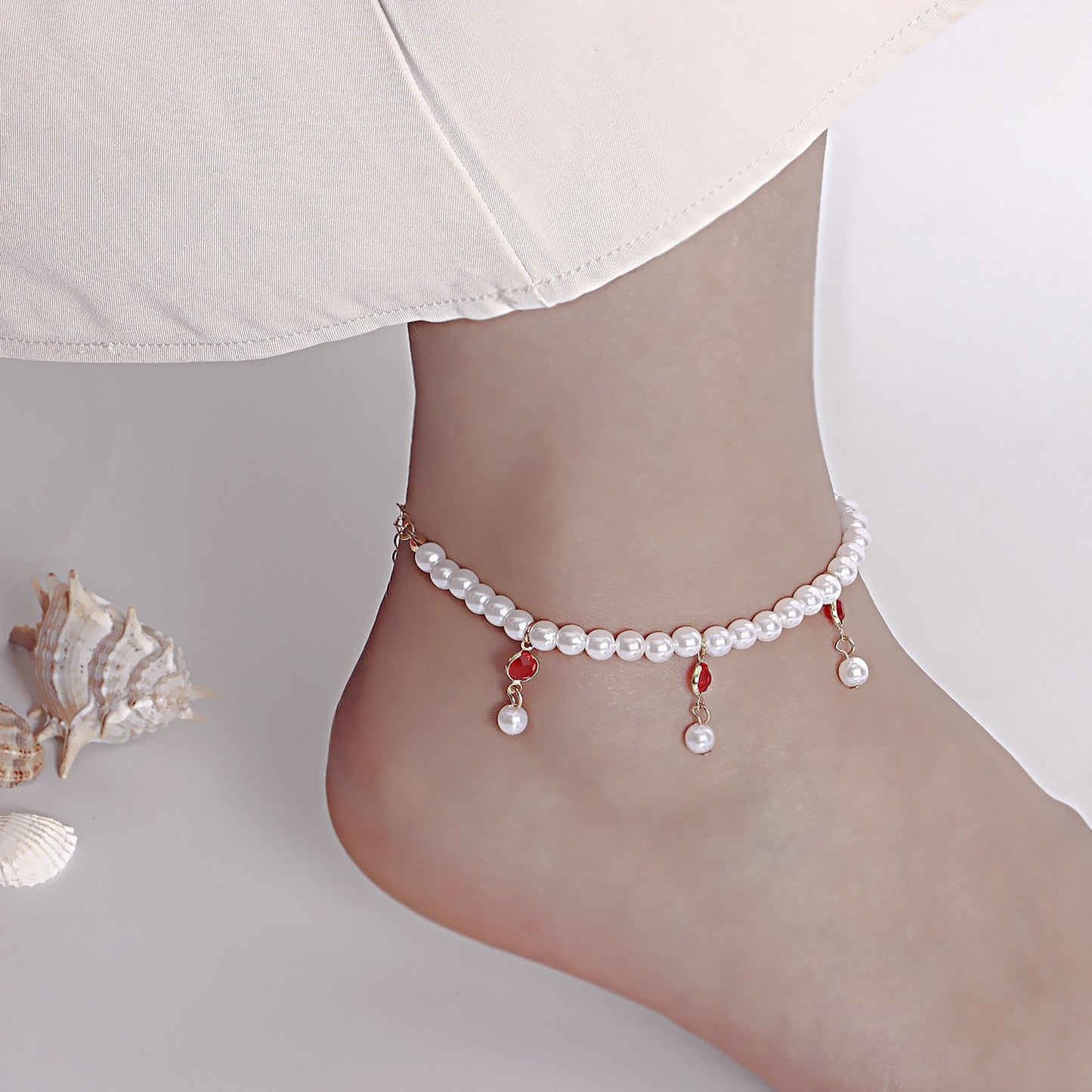 Jewelry Bohemian imitation pearl color crystal anklet women's foot chain ins beach tassel anklet