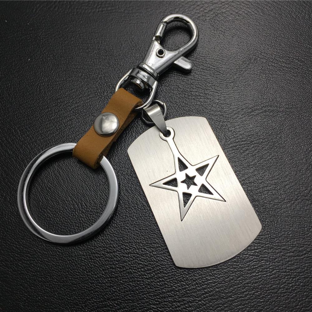 Five-pointed star double-layer titanium steel cowhide key chain stainless steel pendant men's waist hanging ladies bag pendant