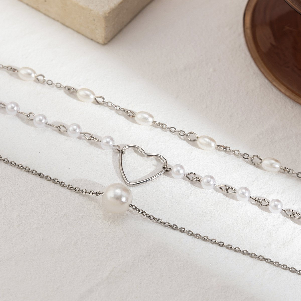 Jewelry simple round bead metal chain necklace temperament imitation pearl heart-shaped multi-layer necklace female