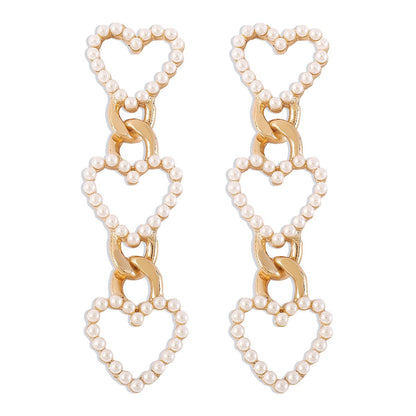 E1769 Exaggerated Long Love Pearl Earrings Chain Personality French Elegant Small Crowd Earrings