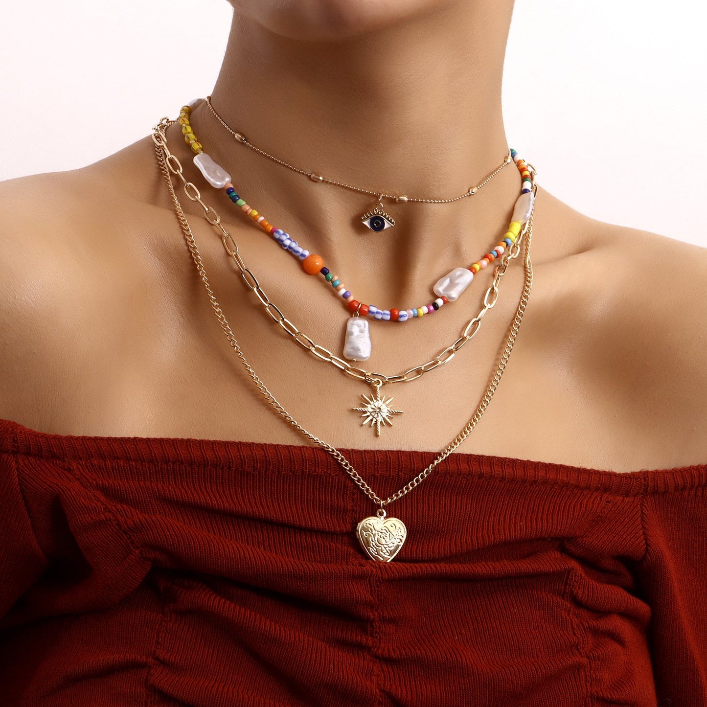 Jewelry punk colored rice beads devil's eye hexagonal star openable love pendant necklace female