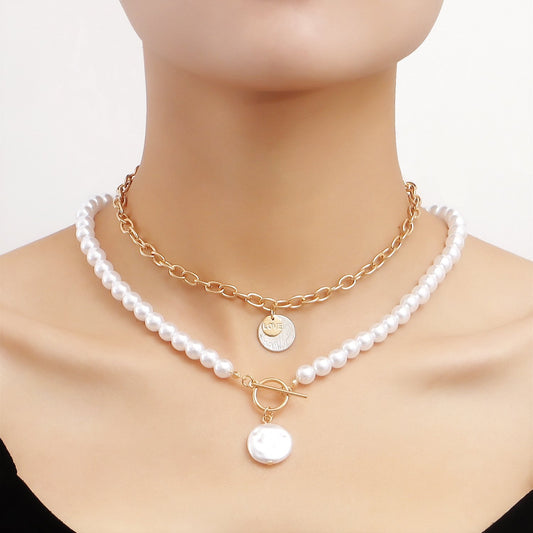 Jewelry Geometric Disc Imitation Baroque Pearl Double Layer Necklace Female Simple Versatile Bead Necklace