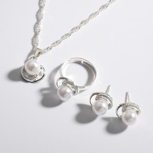 Pearl Earrings Necklace Set Wedding Reception Dress Accessories Elegant Three Piece Bridal Jewelry Set