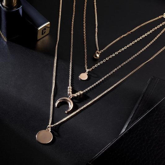 Fashion Women Boho Moon Gold Silver Multilayer Pendant Necklace Jewelry